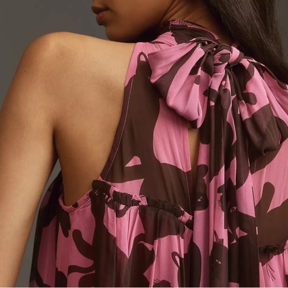 🆕 MAEVE Pink and DRK Brown abstract Cat Printed Mini Dress - Picture 2 of 9